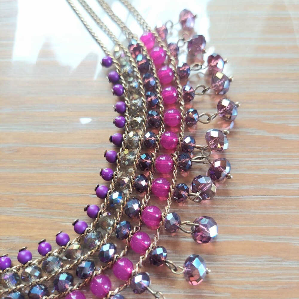 Vintage Beaded Brass Bib Necklace with Crystals - Picture 4 of 6
